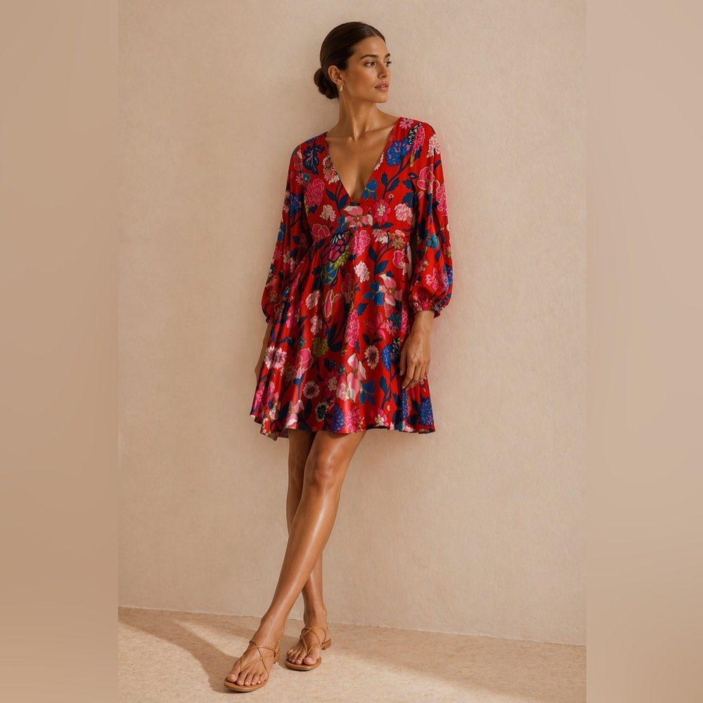J. Crew vibrant red floral faux wrap top mini dress. Size 2